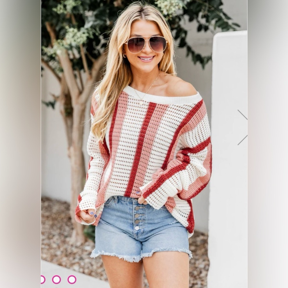 Pink Lily Cream and Brick Red Striped Open Knit Sweater